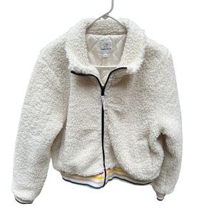 Ivory Ella Sherpa Ivory Jacket Full Zip Bomber Coat Rainbow Stripe Trim